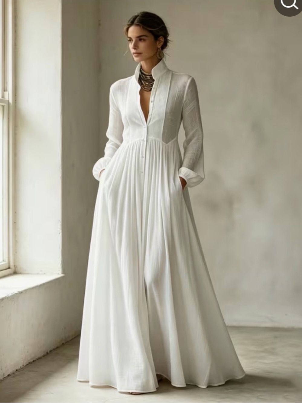 White Button Front Maxi Shirt Dress Pockets Tag L Fits XL PTP 22" Boutique NEW - Picture 3 of 7
